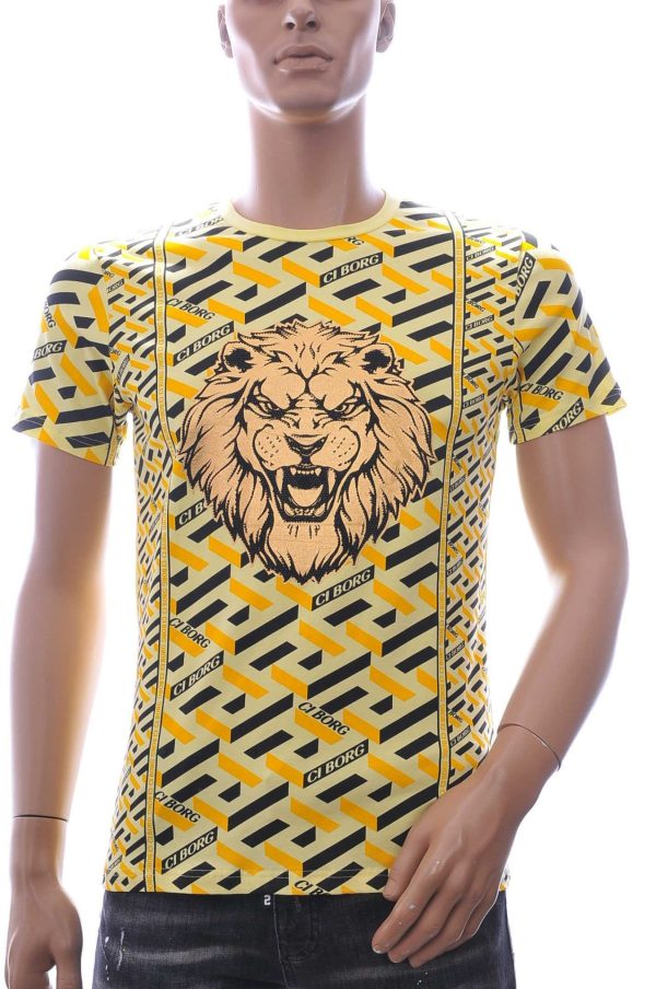 Ci-Borg Trendy Slim Fit Ronde Hals Heren T-shirt met Leeuwenkop Print en Steentjes - Geel
