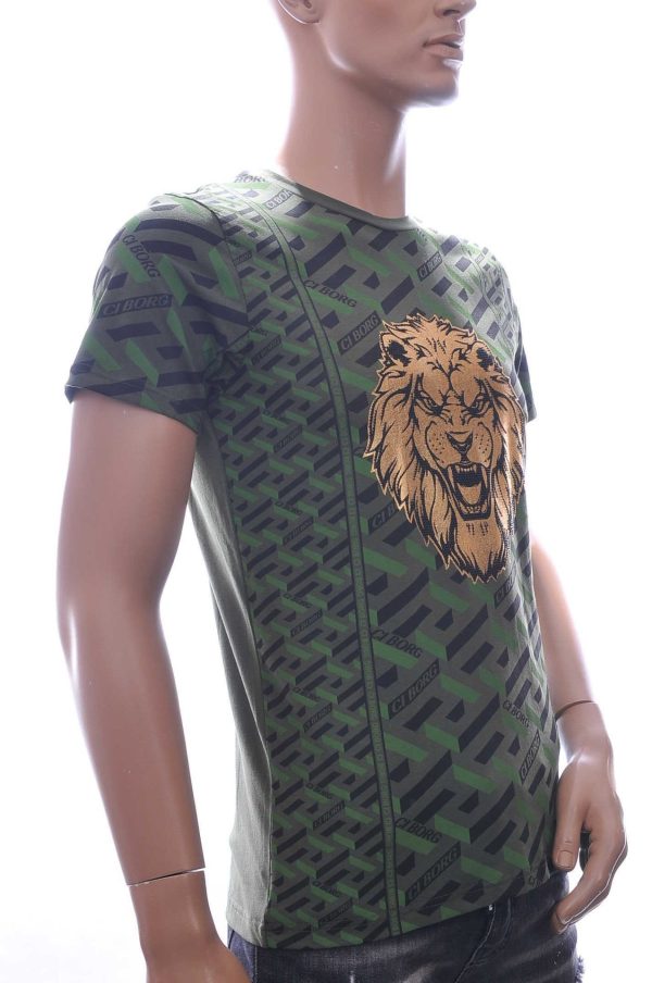 Ci-Borg Trendy Slim Fit Ronde Hals Heren T-shirt met Leeuwenkop Print en Steentjes - Khaki