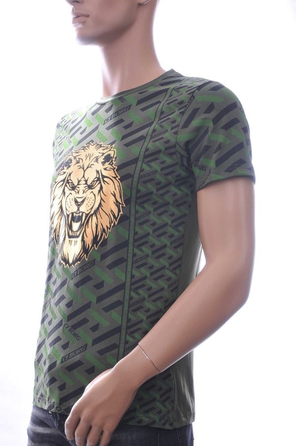 Ci-Borg Trendy Slim Fit Ronde Hals Heren T-shirt met Leeuwenkop Print en Steentjes - Khaki
