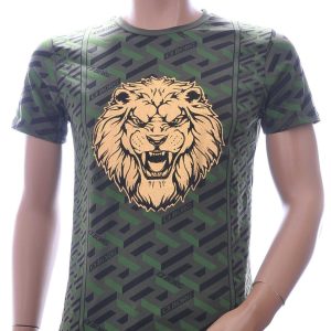 Ci-Borg Trendy Slim Fit Ronde Hals Heren T-shirt met Leeuwenkop Print en Steentjes - Khaki