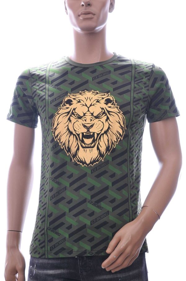 Ci-Borg Trendy Slim Fit Ronde Hals Heren T-shirt met Leeuwenkop Print en Steentjes - Khaki
