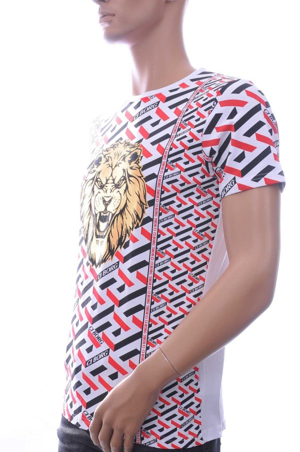Ci-Borg Trendy Slim Fit Ronde Hals Heren T-shirt met Leeuwenkop Print en Steentjes - Wit