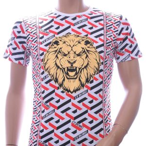 Ci-Borg Trendy Slim Fit Ronde Hals Heren T-shirt met Leeuwenkop Print en Steentjes - Wit