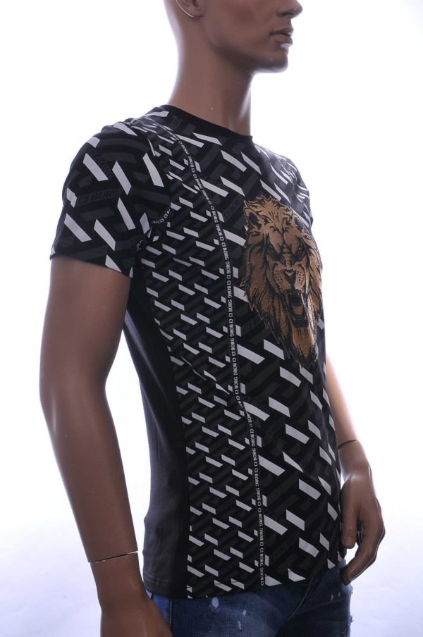 Ci-Borg Trendy Slim Fit Ronde Hals Heren T-shirt met Leeuwenkop Print en Steentjes - Zwart