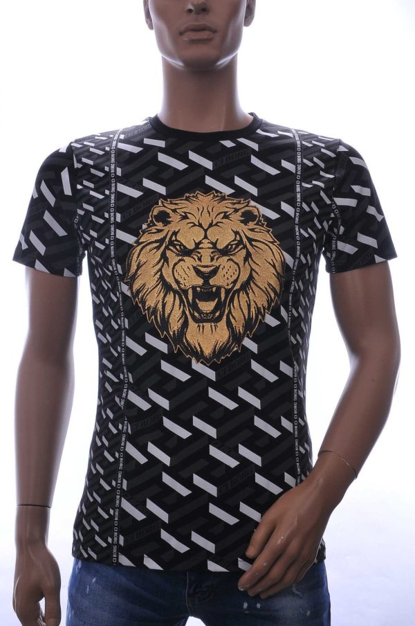 Ci-Borg Trendy Slim Fit Ronde Hals Heren T-shirt met Leeuwenkop Print en Steentjes - Zwart