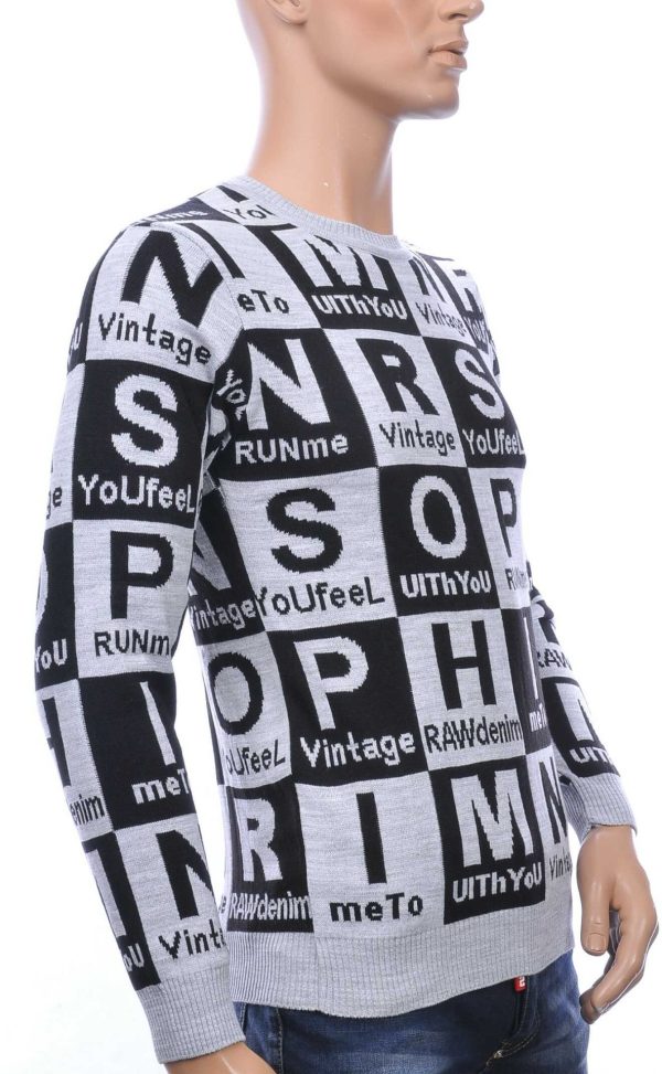 CI-BORG Trendy Slim Fit Ronde Hals Heren Trui met Allover Letters Dessin - Grijs
