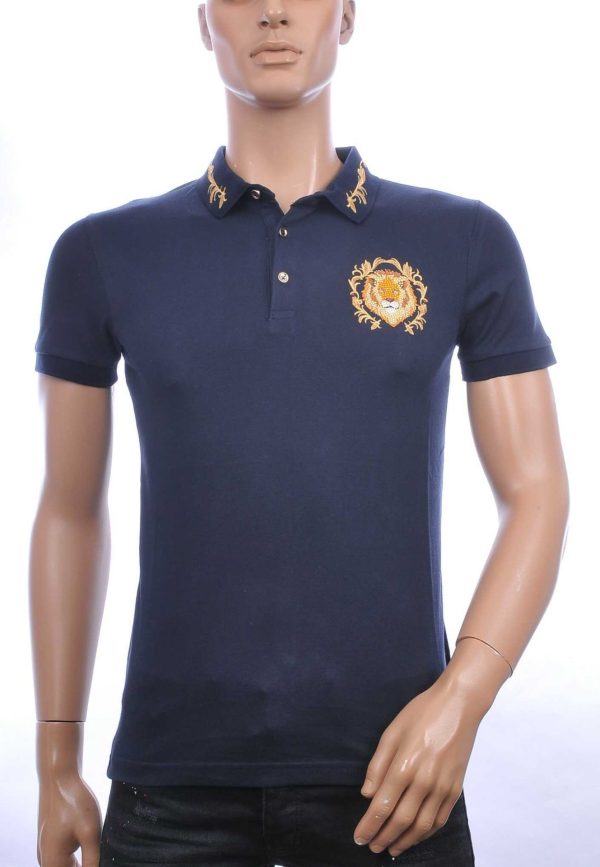 CLUB JU Trendy Slim Fit Heren Polo T-shirt met Leeuwenkop Badge - Navy