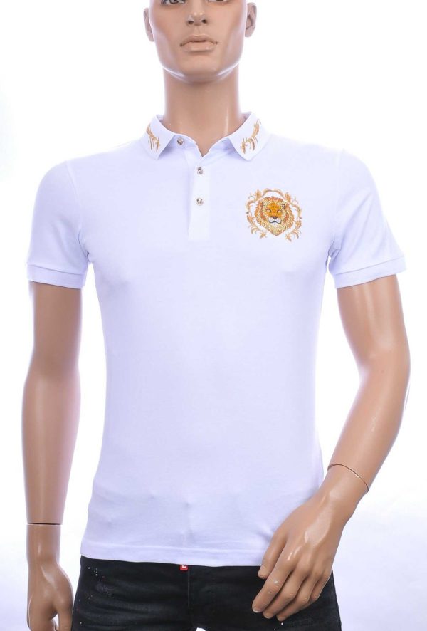 CLUB JU Trendy Slim Fit Heren Polo T-shirt met Leeuwenkop Badge - Wit