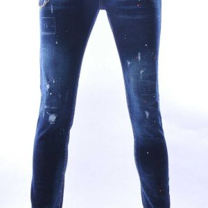 ICON2 Hippie Gescheurde Slim Fit Stretch Heren Jeans met Verfspatten - Blauw