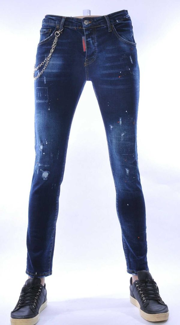 ICON2 Hippie Gescheurde Slim Fit Stretch Heren Jeans met Verfspatten - Blauw