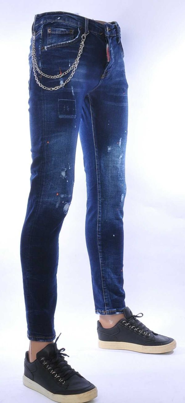 ICON2 Hippie Gescheurde Slim Fit Stretch Heren Jeans met Verfspatten - Blauw
