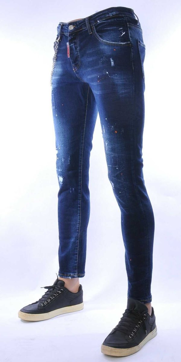 ICON2 Hippie Gescheurde Slim Fit Stretch Heren Jeans met Verfspatten - Blauw