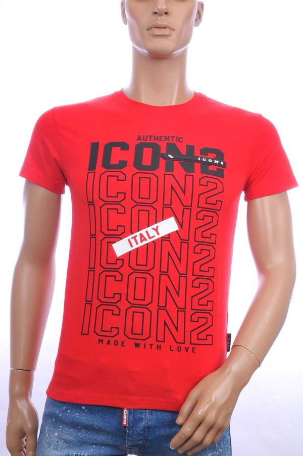 ICON2 Trendy Slim Fit Ronde Hals Heren T-Shirt met Text ICON2 - Rood