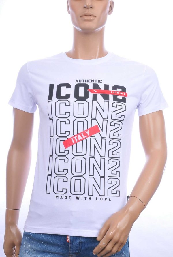 ICON2 Trendy Slim Fit Ronde Hals Heren T-Shirt met Text ICON2 - Wit