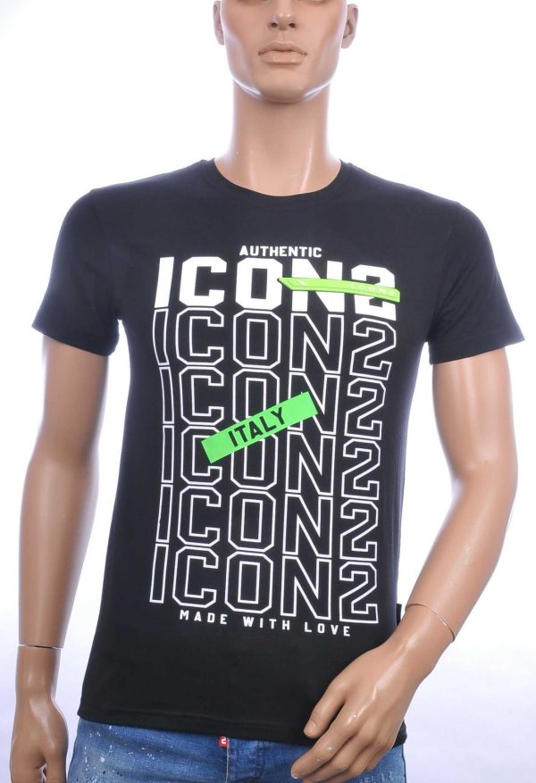 ICON2 Trendy Slim Fit Ronde Hals Heren T-Shirt met Text ICON2 - Zwart