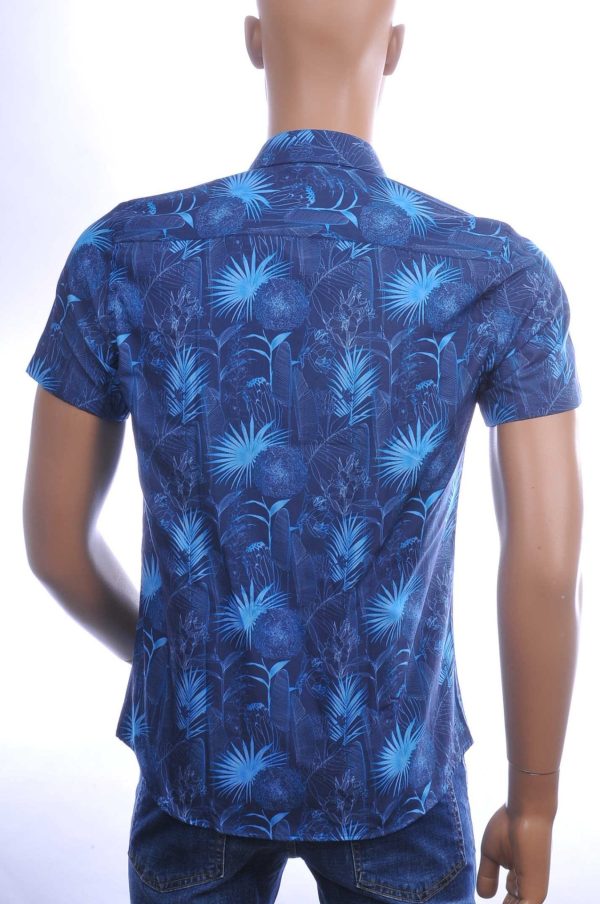 Ferlucci Trendy Allover Bloemen en Bladeren Dessin Slim Fit Heren Overhemd met Korte Mouwen - Navy